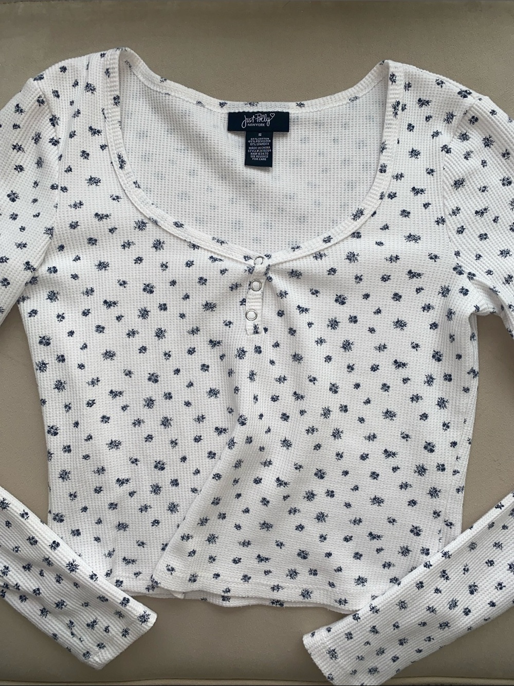 White Long Sleeve Henley with Navy Floral Dot Print